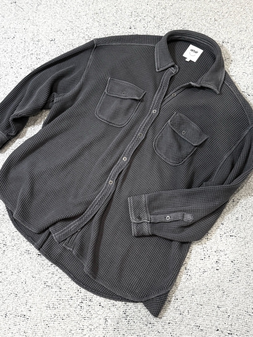 Aerie Lumberjane Charcoal Waffle Knit Button-Up Shirt Size M Oversized Fit